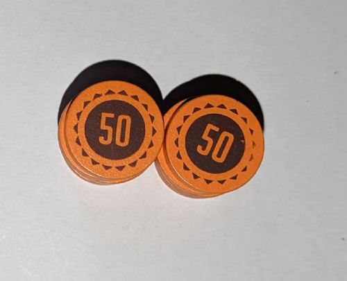 Pack of 10x 50 denomination wooden money discs